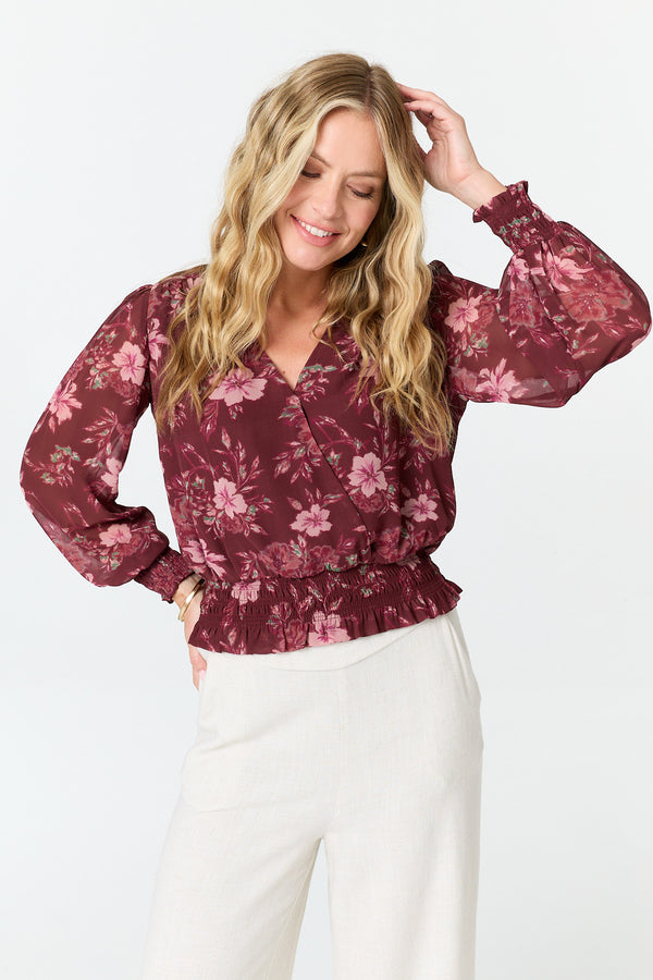Red | Floral Long Sleeve Ruched Wrap Blouse