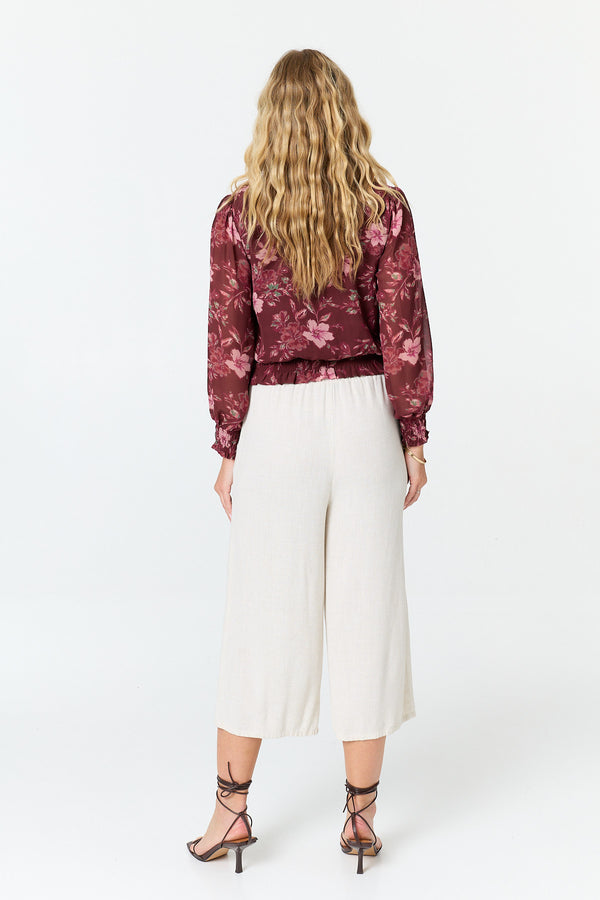 Red | Floral Long Sleeve Ruched Wrap Blouse