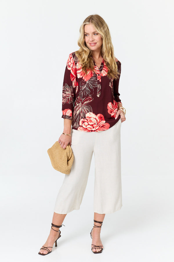 Purple | Floral V-Neck 3/4 Sleeve Relaxed Blouse
