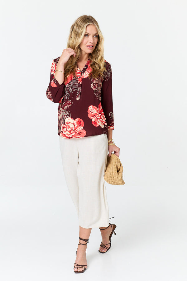 Purple | Floral V-Neck 3/4 Sleeve Relaxed Blouse