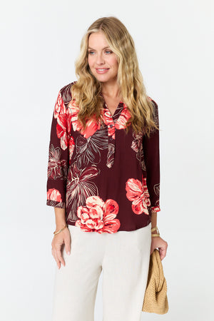 Purple | Floral V-Neck 3/4 Sleeve Relaxed Blouse