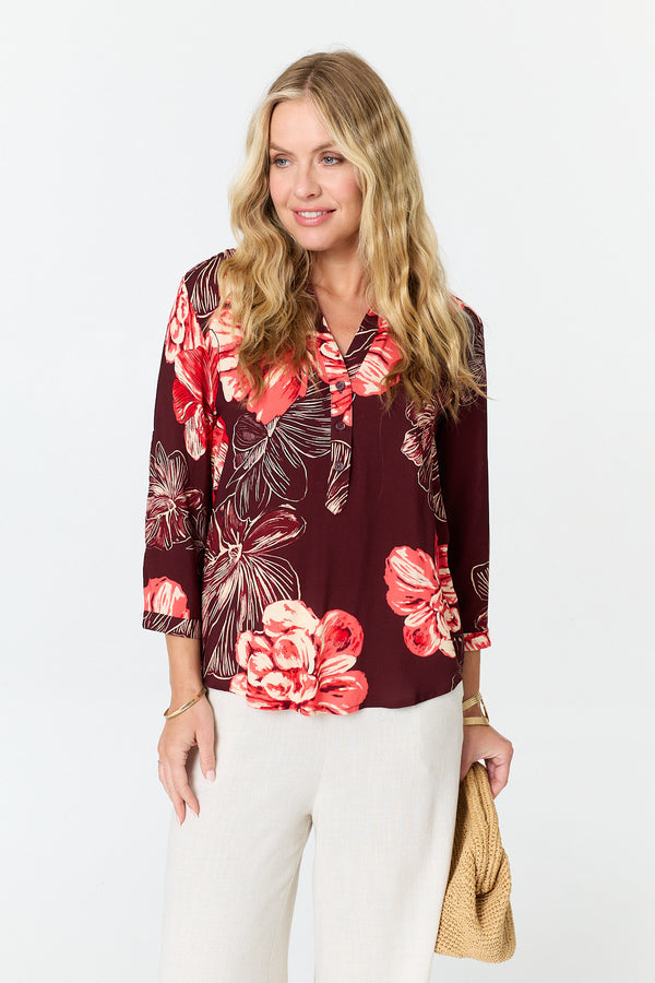 Purple | Floral V-Neck 3/4 Sleeve Relaxed Blouse
