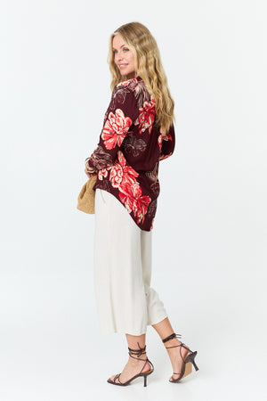 Purple | Floral V-Neck 3/4 Sleeve Relaxed Blouse