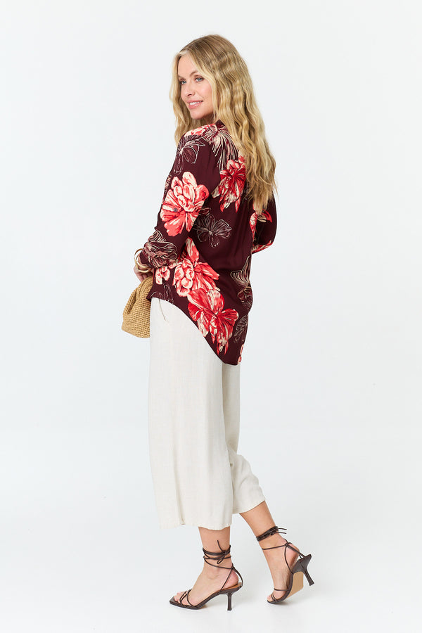 Purple | Floral V-Neck 3/4 Sleeve Relaxed Blouse