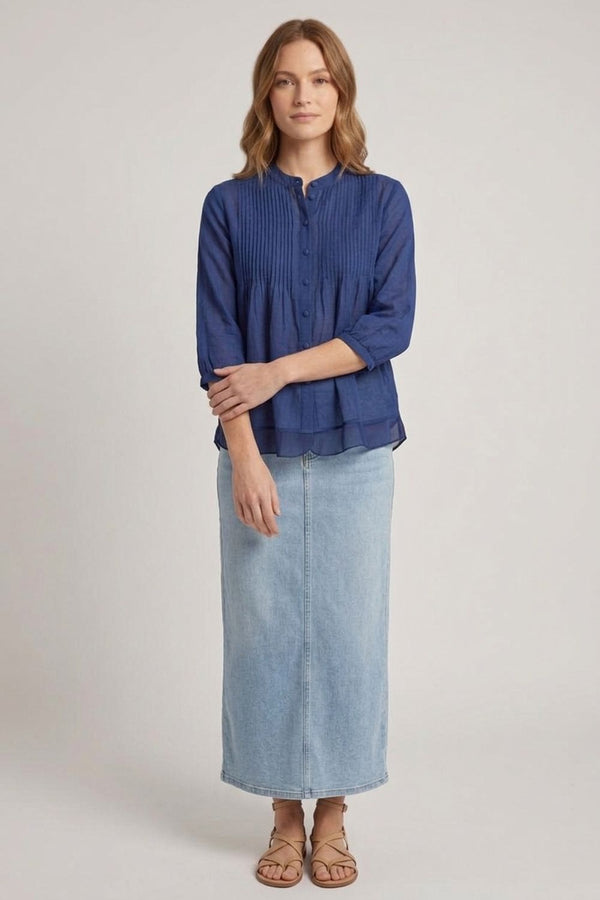 Navy | Layered Semi Sheer Pleat Front Blouse
