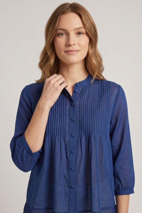 Navy | Layered Semi Sheer Pleat Front Blouse
