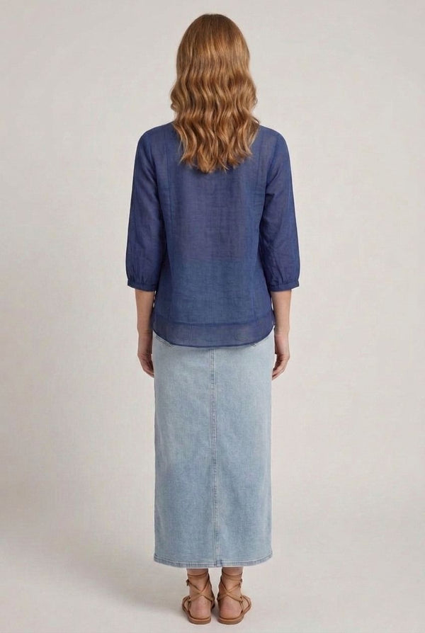Navy | Layered Semi Sheer Pleat Front Blouse
