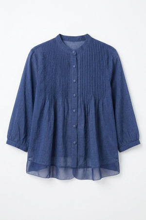 Navy | Layered Semi Sheer Pleat Front Blouse
