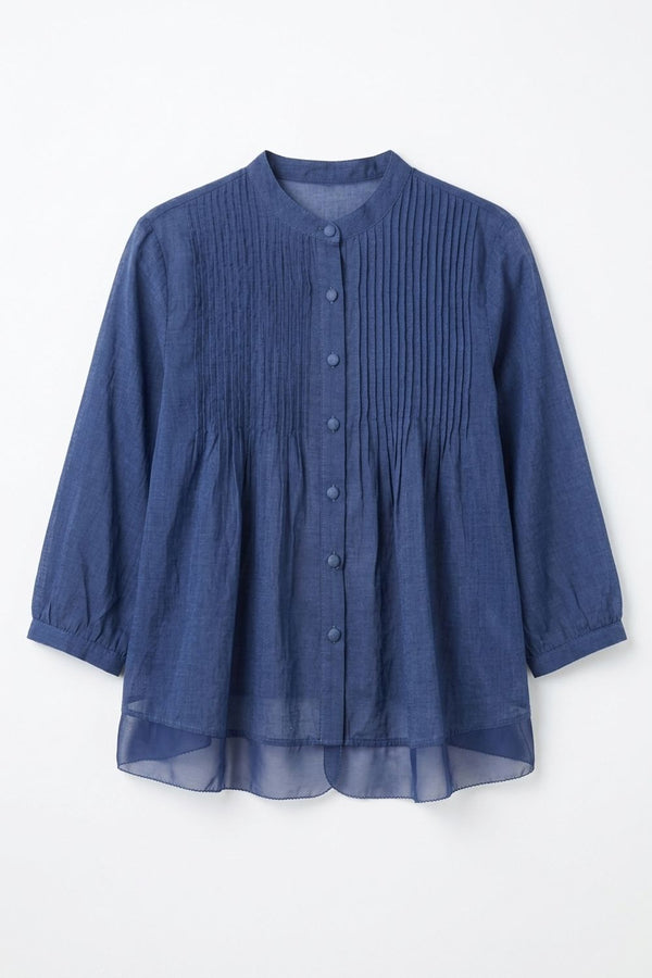 Navy | Layered Semi Sheer Pleat Front Blouse
