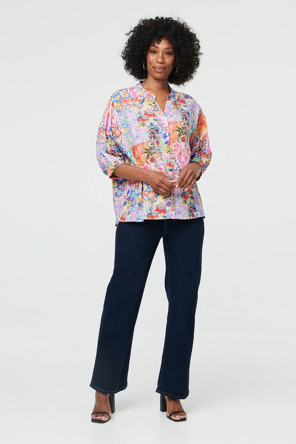 Blue | Abstract 3/4 Buttons Curve Hem Blouse