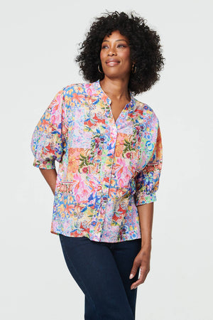 Blue | Abstract 3/4 Buttons Curve Hem Blouse