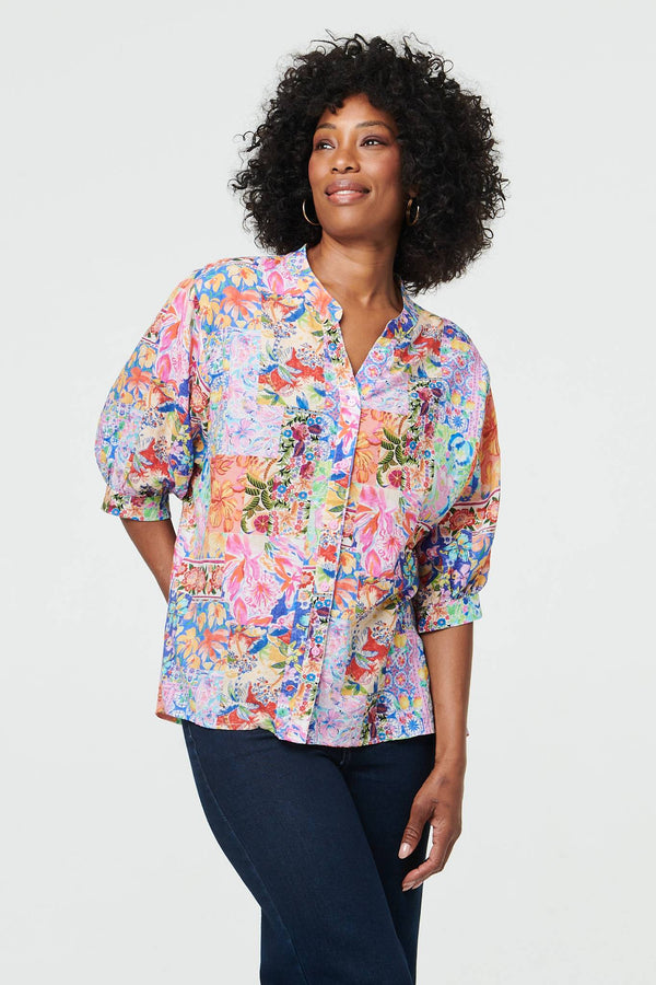 Blue | Abstract 3/4 Buttons Curve Hem Blouse