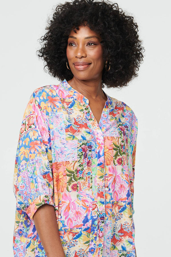 Blue | Abstract 3/4 Buttons Curve Hem Blouse