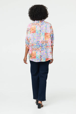 Blue | Abstract 3/4 Buttons Curve Hem Blouse