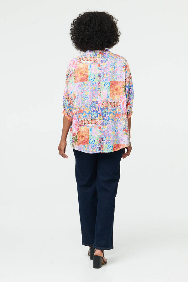 Blue | Abstract 3/4 Buttons Curve Hem Blouse