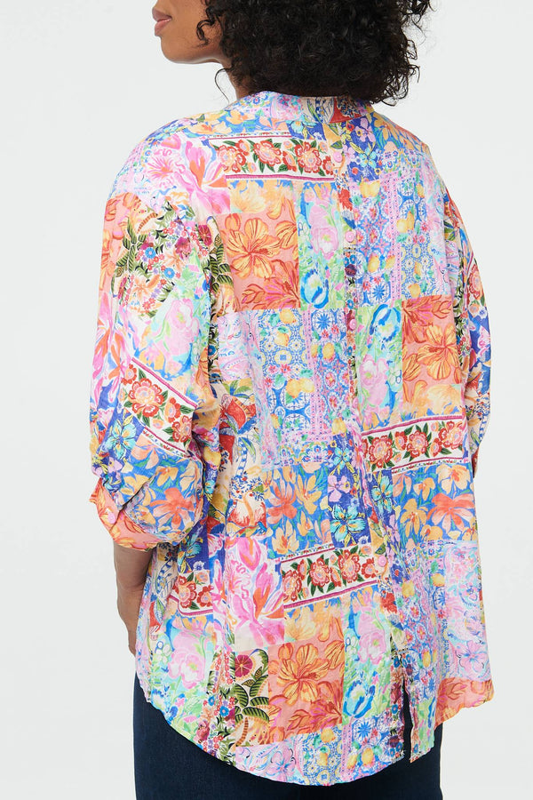 Blue | Abstract 3/4 Buttons Curve Hem Blouse