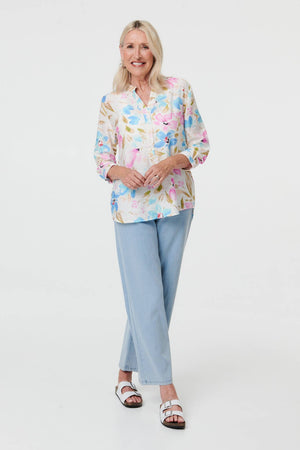 Blue | Floral 3/4 Sleeve V-Neck Relaxed Bouse