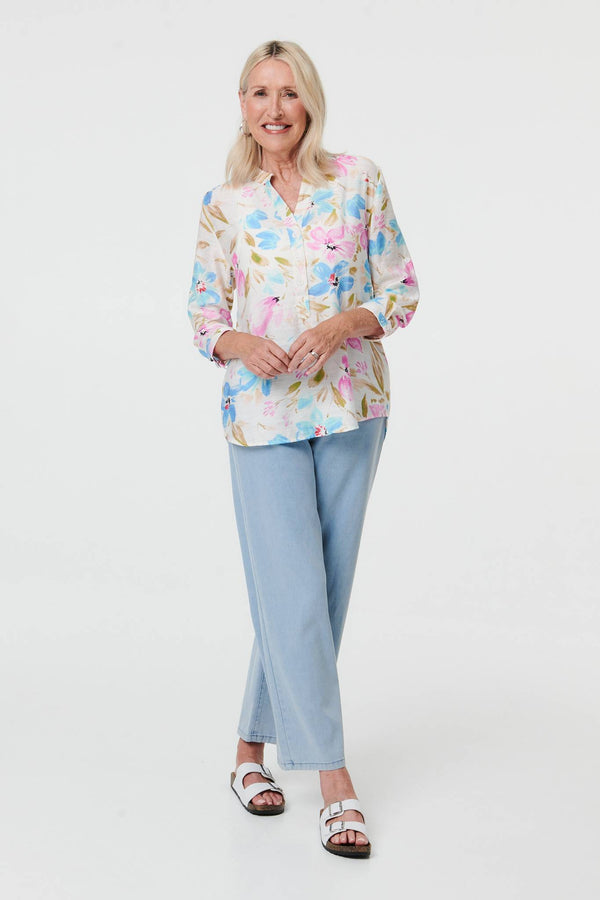 Blue | Floral 3/4 Sleeve V-Neck Relaxed Bouse