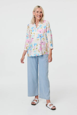 Blue | Floral 3/4 Sleeve V-Neck Relaxed Bouse