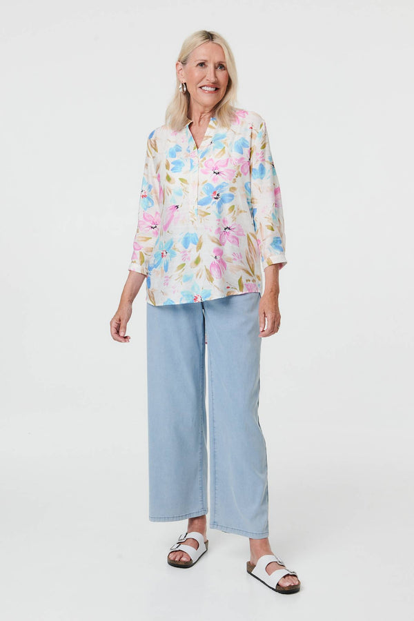 Blue | Floral 3/4 Sleeve V-Neck Relaxed Bouse