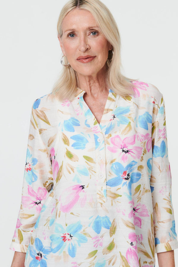 Blue | Floral 3/4 Sleeve V-Neck Relaxed Bouse