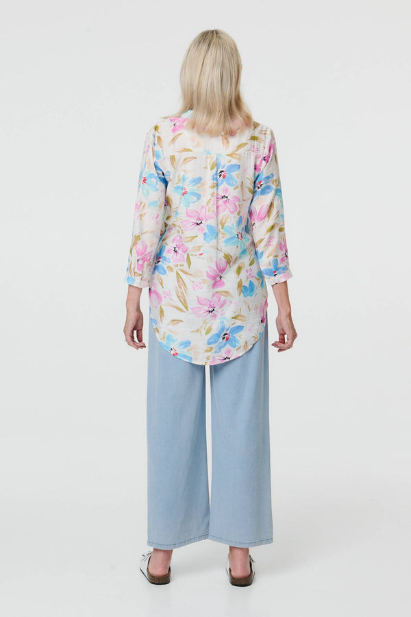 Blue | Floral 3/4 Sleeve V-Neck Relaxed Bouse