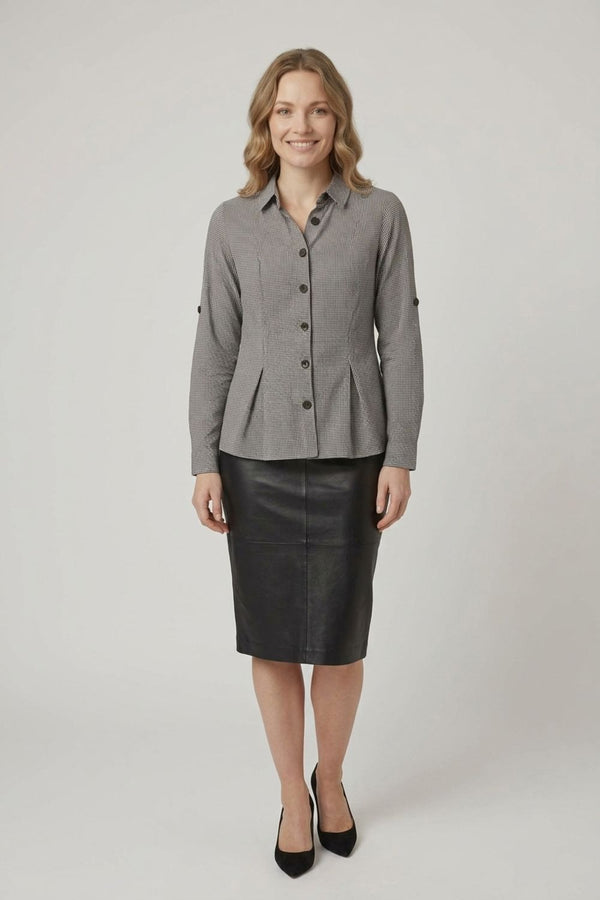 Black | Gingham Print 3/4 Sleeve Peplum Shirt