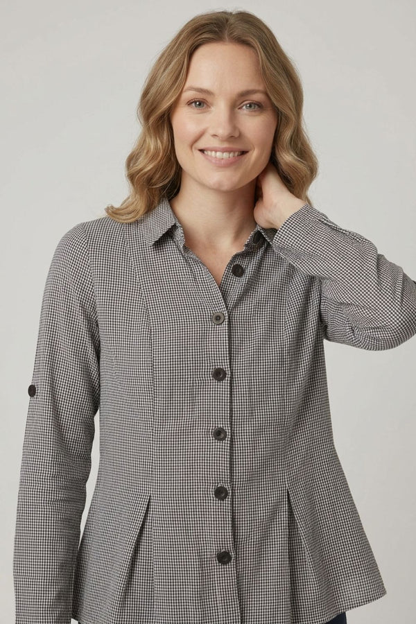 Black | Gingham Print 3/4 Sleeve Peplum Shirt