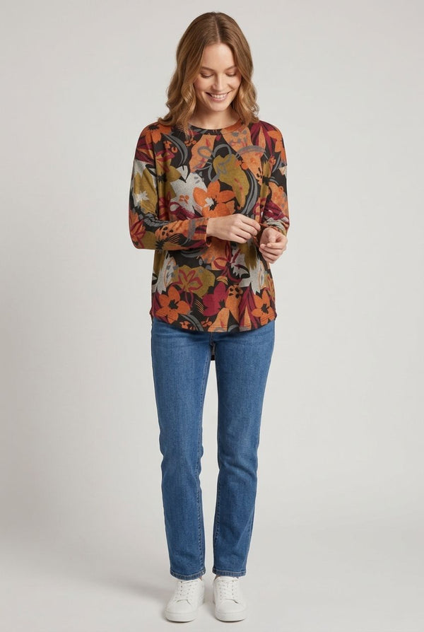 Black | Floral Batwing Long Sleeve Relaxed Top