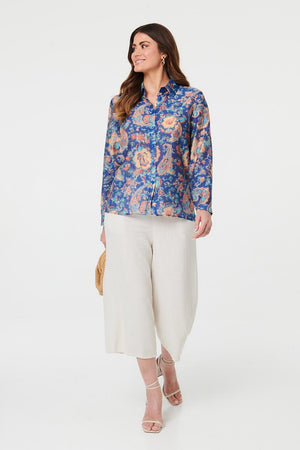 Navy | Paisley Long Sleeve Button Front Shirt