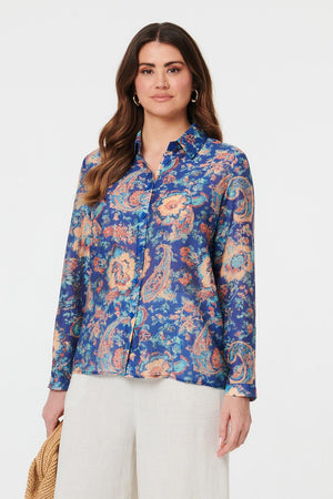Navy | Paisley Long Sleeve Button Front Shirt