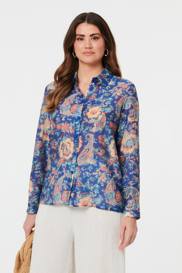 Navy | Paisley Long Sleeve Button Front Shirt