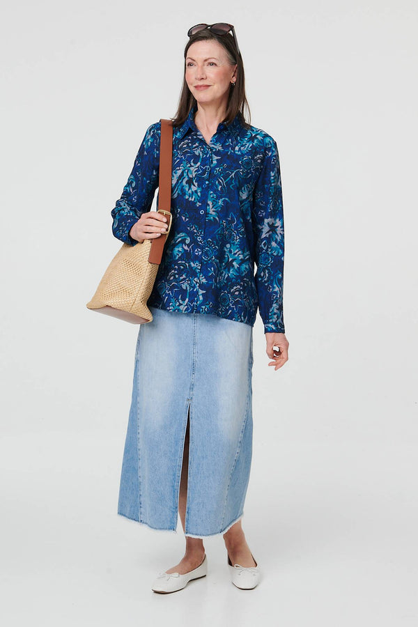Navy | Floral Long Sleeve Collared Shirt