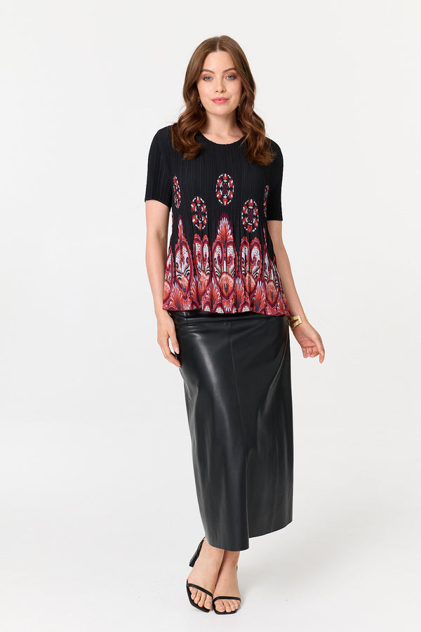 Black | Printed Short Sleeve Pleated Top