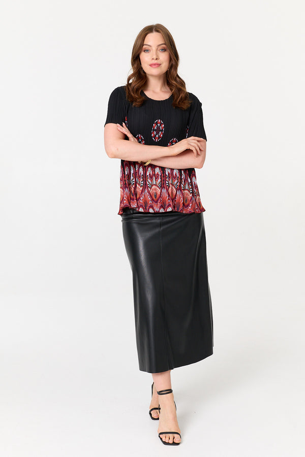 Black | Printed Short Sleeve Pleated Top