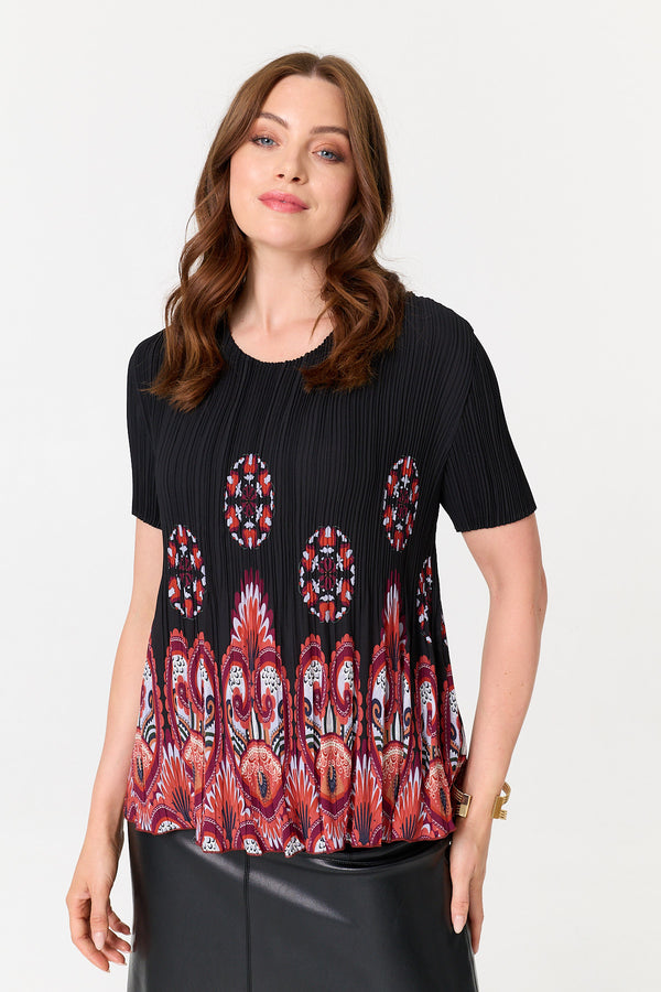 Black | Printed Short Sleeve Pleated Top