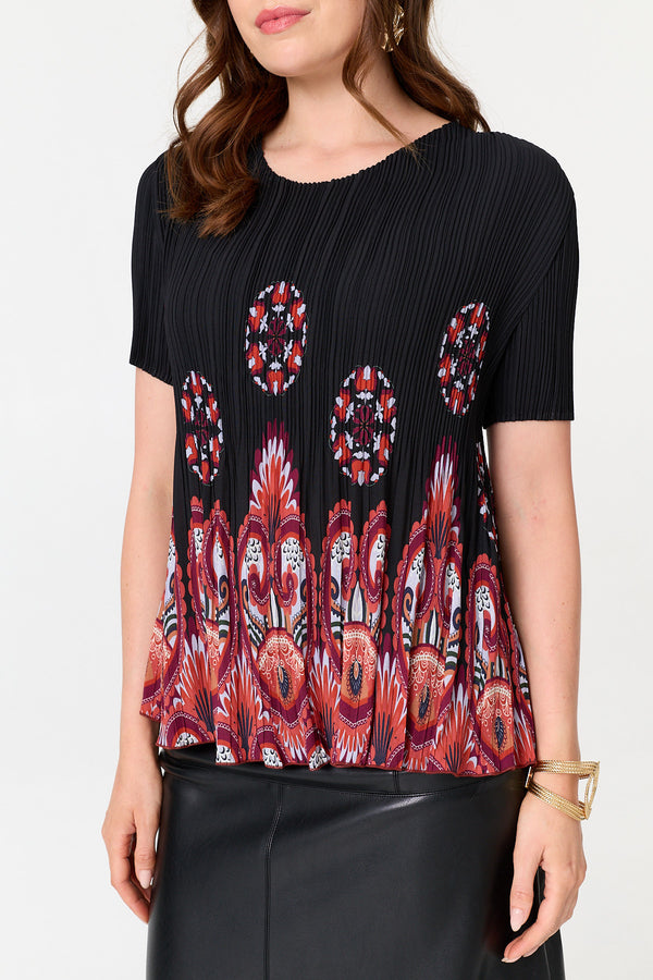 Black | Printed Short Sleeve Pleated Top