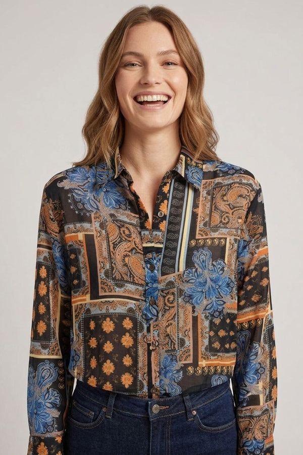 Black | Patchwork Print Long Sleeve Shirt