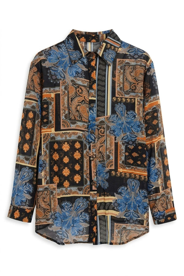 Black | Patchwork Print Long Sleeve Shirt
