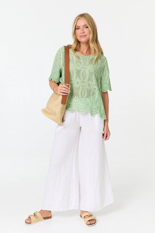 Green | Embroidered Textured 1/2 Sleeve Blouse