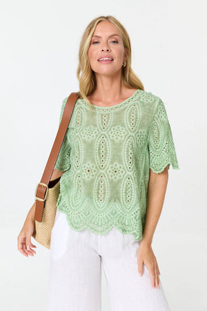 Green | Embroidered Textured 1/2 Sleeve Blouse