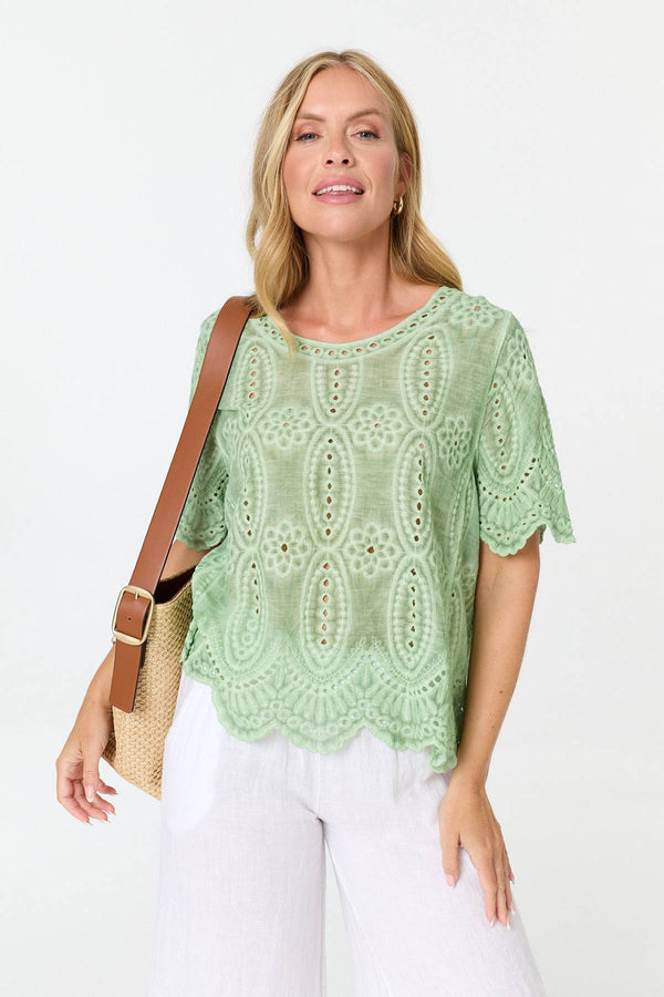 Green | Embroidered Textured 1/2 Sleeve Blouse