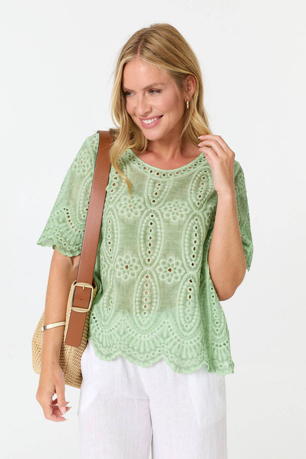 Green | Embroidered Textured 1/2 Sleeve Blouse