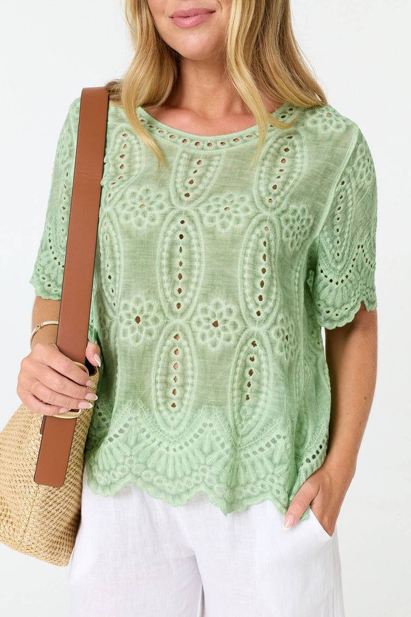 Green | Embroidered Textured 1/2 Sleeve Blouse
