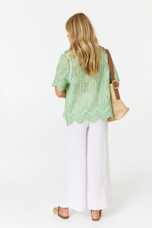 Green | Embroidered Textured 1/2 Sleeve Blouse