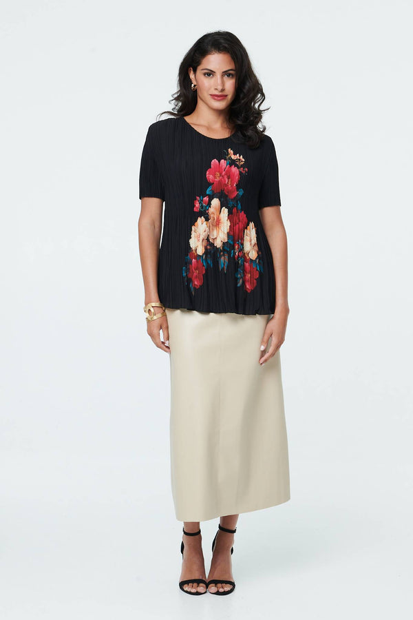 Black | Floral Short Sleeve Pleat Texture Blouse