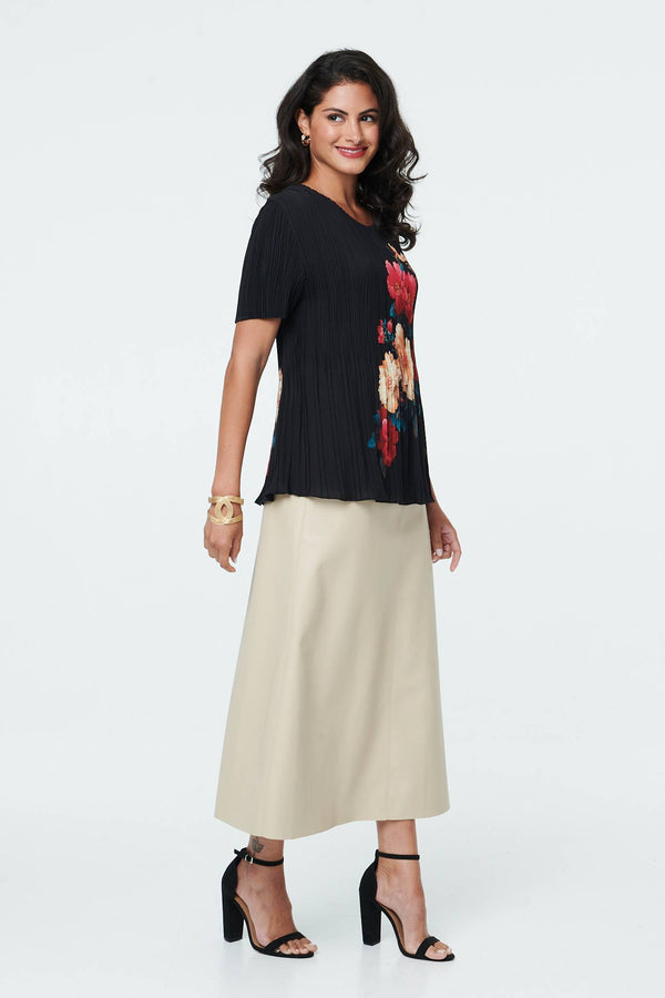 Black | Floral Short Sleeve Pleat Texture Blouse