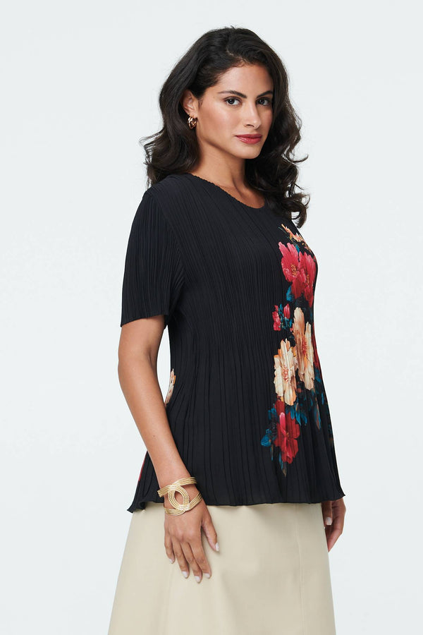 Black | Floral Short Sleeve Pleat Texture Blouse