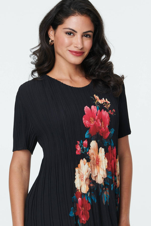 Black | Floral Short Sleeve Pleat Texture Blouse
