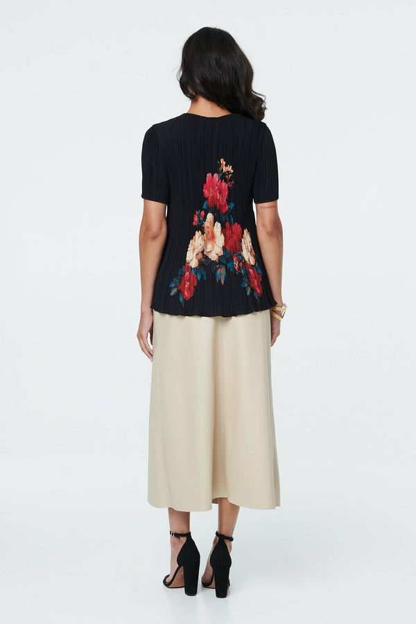 Black | Floral Short Sleeve Pleat Texture Blouse